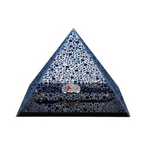 three dimensional pyramid with three small clocks inside.