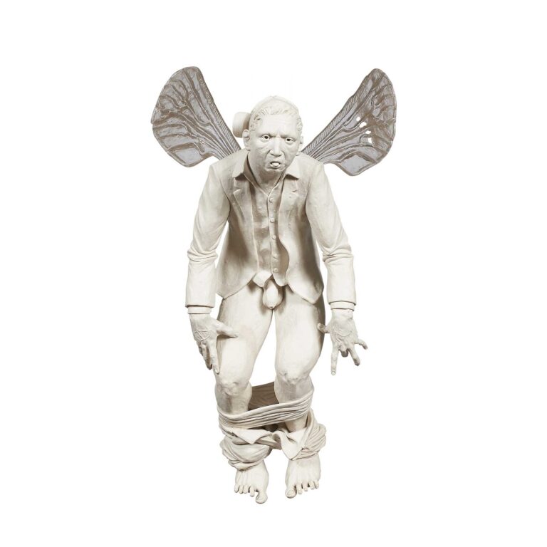 nude sculpture of man hanging with wings and pants down.