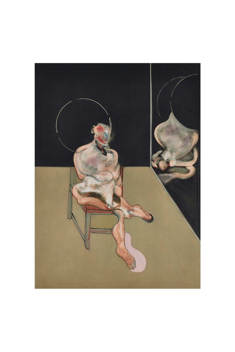 An abstract painting of a seated figure.