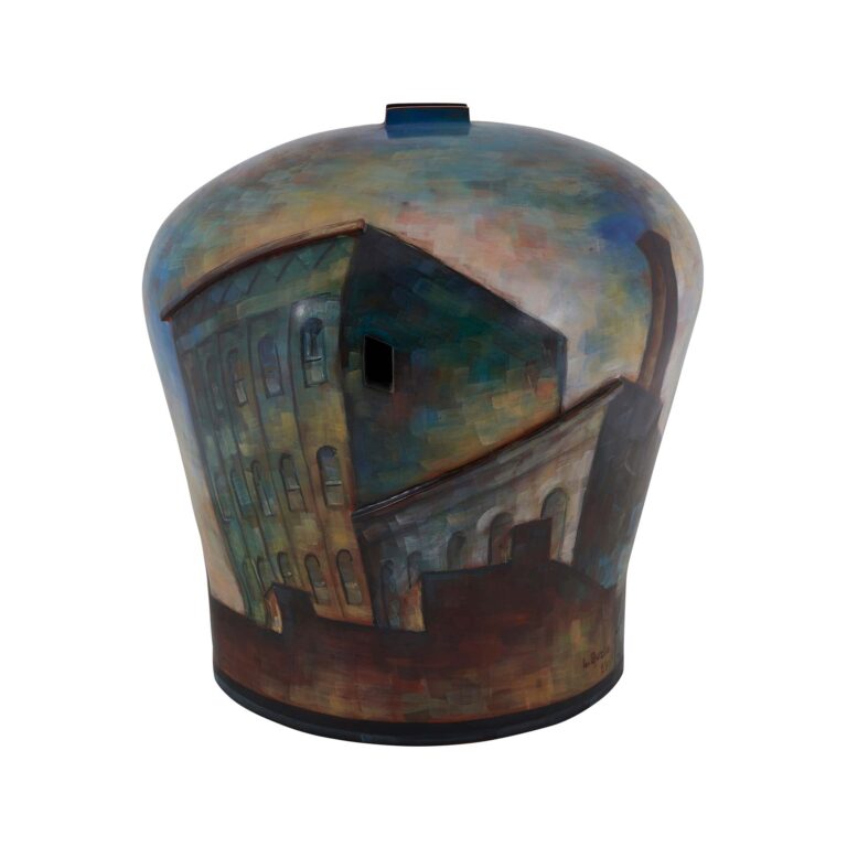 A bulb shaped ceramic sculpture with a painting of buildings.