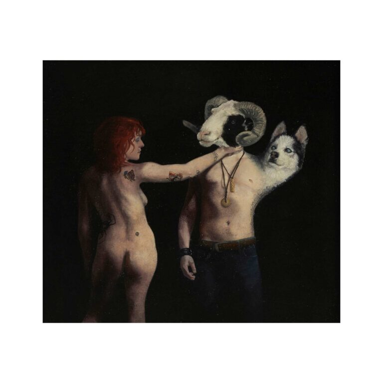 A painting of a naked woman and a human with a goat head.