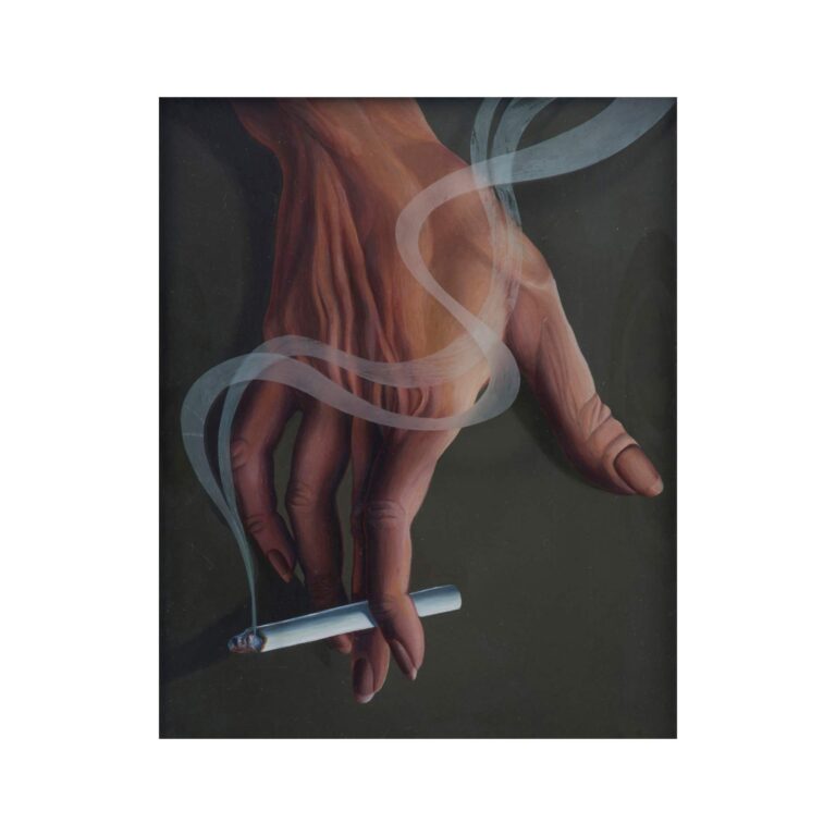 A painting of a hand holding a cigarette.