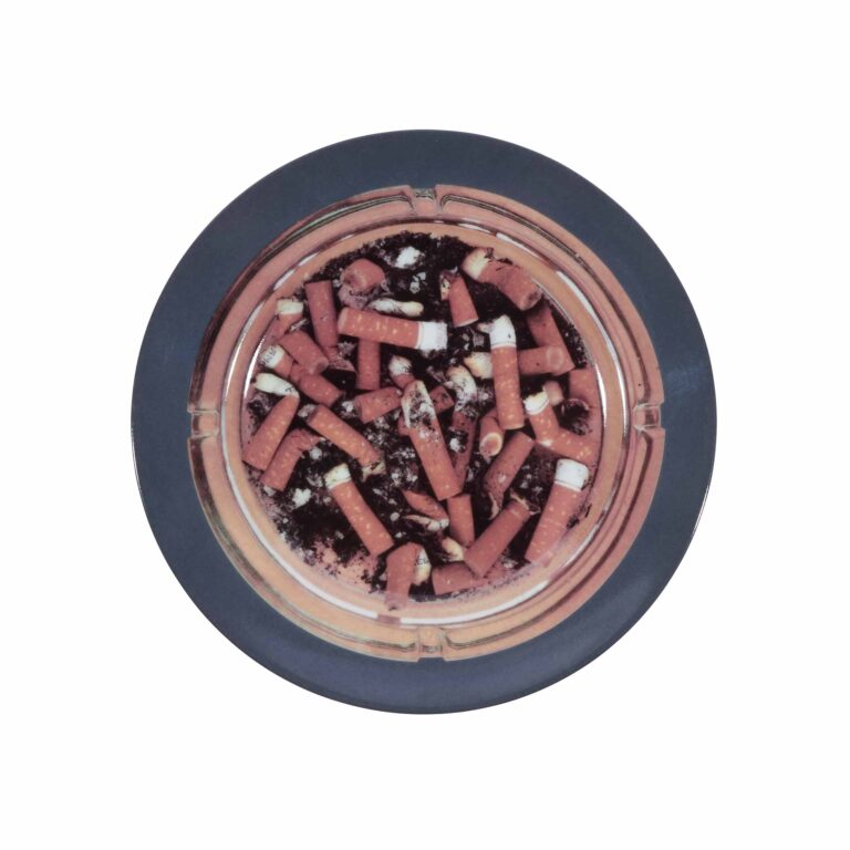 A print of an ash tray with cigarettes.