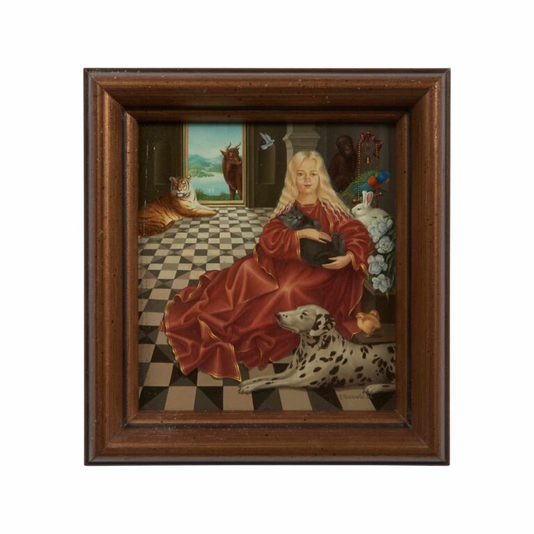 A painting of a woman with animals.