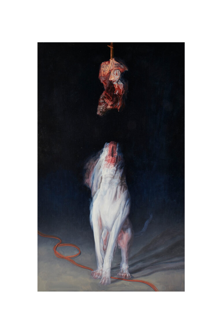 An abstract painting of a dog eating a piece of hanging meat.