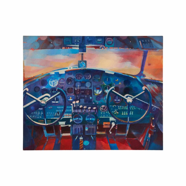 A painting of a plane's cockpit.