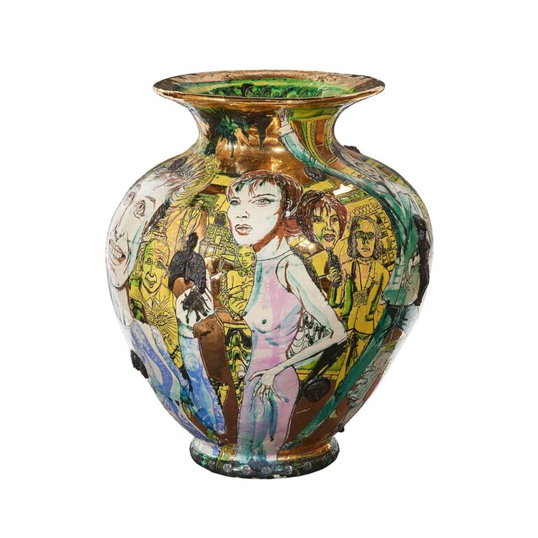 A vase with paintings of people.