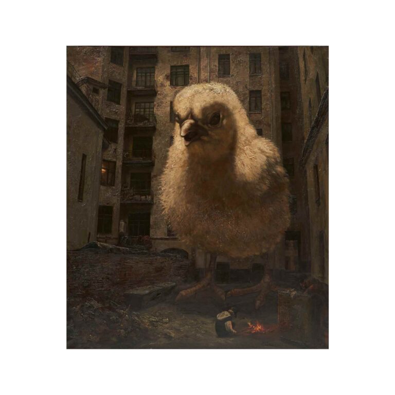 A painting of a large baby chicken.