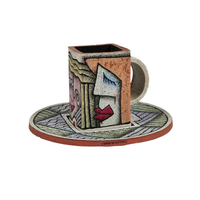 A ceramic mug and saucer.