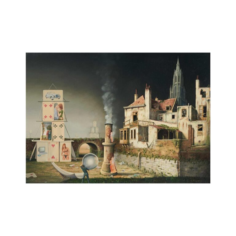 An painting with a building and a large house of cards.
