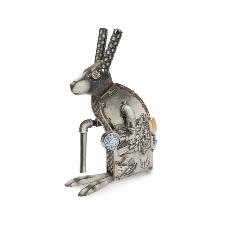A sculpture of a robotic rabbit.